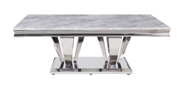 Satinka - Coffee Table - Light Gray Printed Faux Marble Top & Mirrored Silver