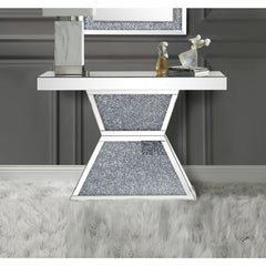KD, Rectangular Console Table NO Storage Features: Mirrored Top, Mirrored Pedestal Base w/Faux Diamonds & Clear Glass CONSTRUCTION Mirrored Top (NO Apron): 4mm Beveled Mirror, MDF Mirrored Geometric Pedestal Base: 4mm Beveled Mirror, MDF, Faux Diamonds In