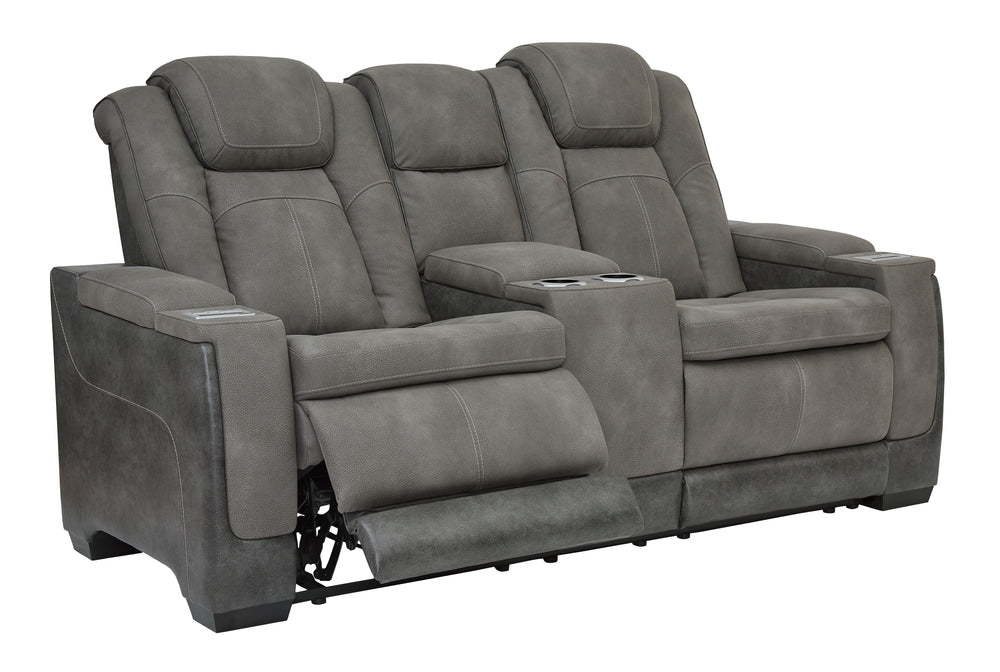 Sleek, ultra-modern power reclining loveseat. Two-tone Durapella upholstery is more durable and water-repellent than regular leather. Includes wireless and USB charging, adjustable headrest and extended -"zero-gravity-" ottoman.<br><br><b>Additional Dimen