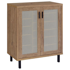 Enhance your entryway with this stylish shoe cabinet, pairing natural oak hues with modern, functional details. Crafted from engineered wood and laminate veneer, it features double doors framed by airy metal cane-style panels. Inside, an off-centered divi