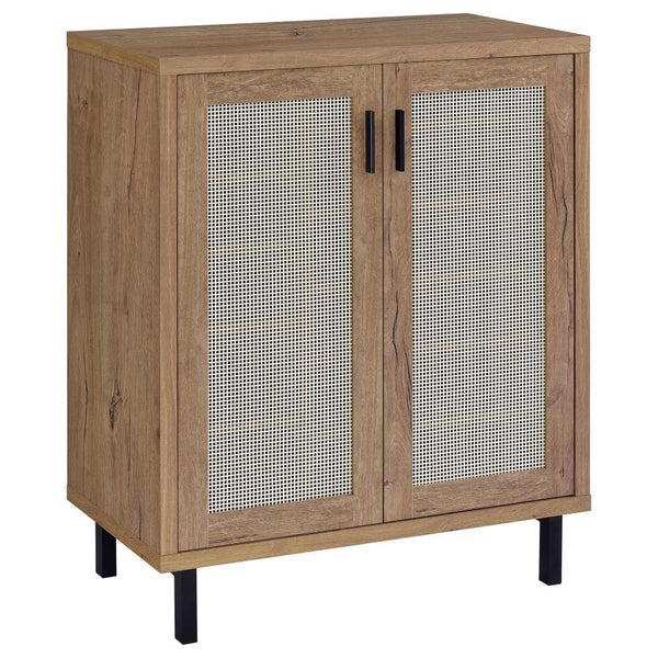 Enhance your entryway with this stylish shoe cabinet, pairing natural oak hues with modern, functional details. Crafted from engineered wood and laminate veneer, it features double doors framed by airy metal cane-style panels. Inside, an off-centered divi