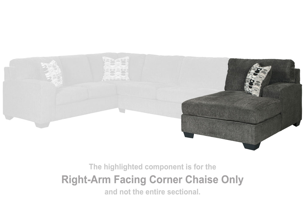 This right-arm facing corner chaise is made with polyester upholstery. Pairs with other items in the series to make a sectional.<br><br><b>Additional Dimensions</b><br><ul><li>Arm height: 25-"</li><li>Leg height: 3.5-"</li><li>Minimum width of doorway for