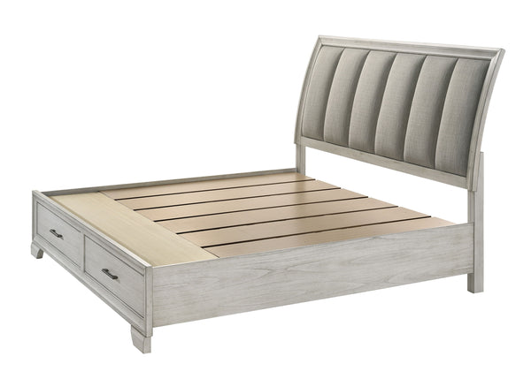  featuring a white mist finish that commands attention while maintaining a sense of warmth and coziness. The bed stands as the stunning centerpiece