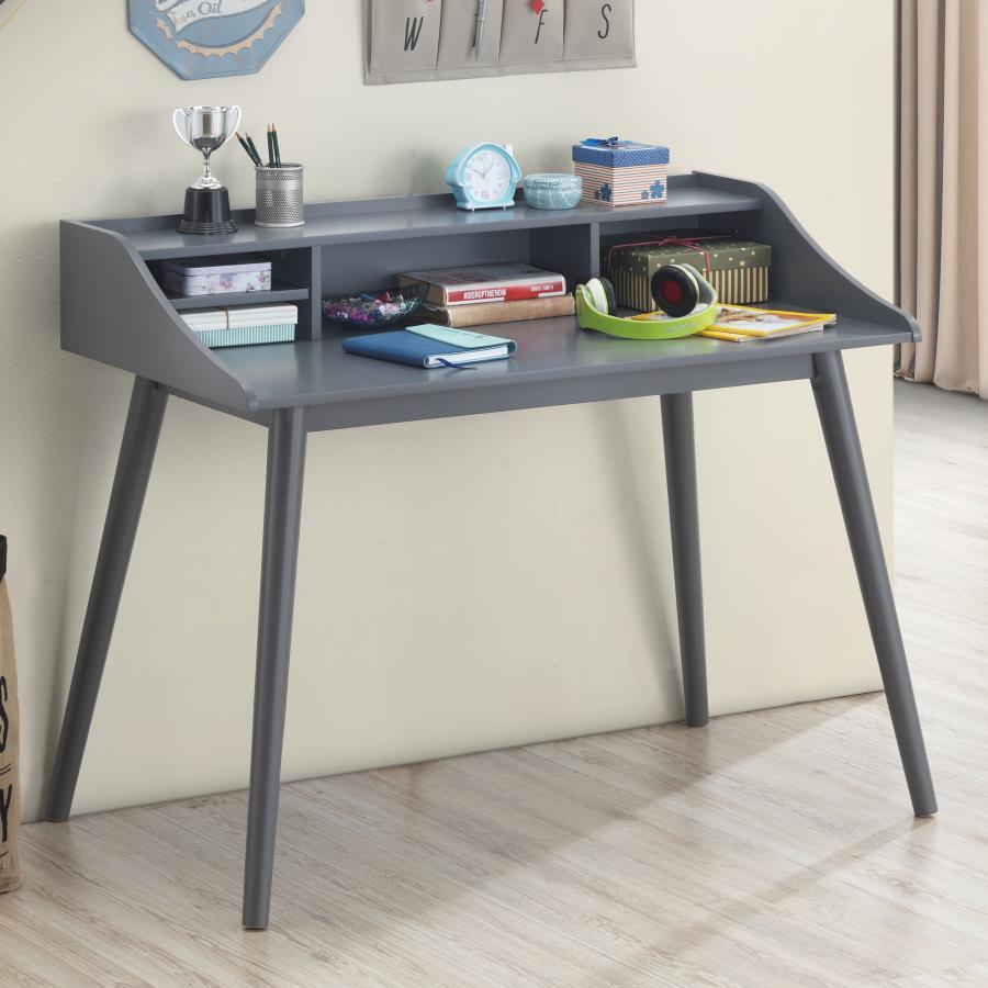 Complement your mid-century modern design theme with this sleek wood writing desk from the Percy collection. Slim, tapered legs and gently contoured lines give an iconic silhouette to this practical piece. The attached organizer hutch offers a wide top sh