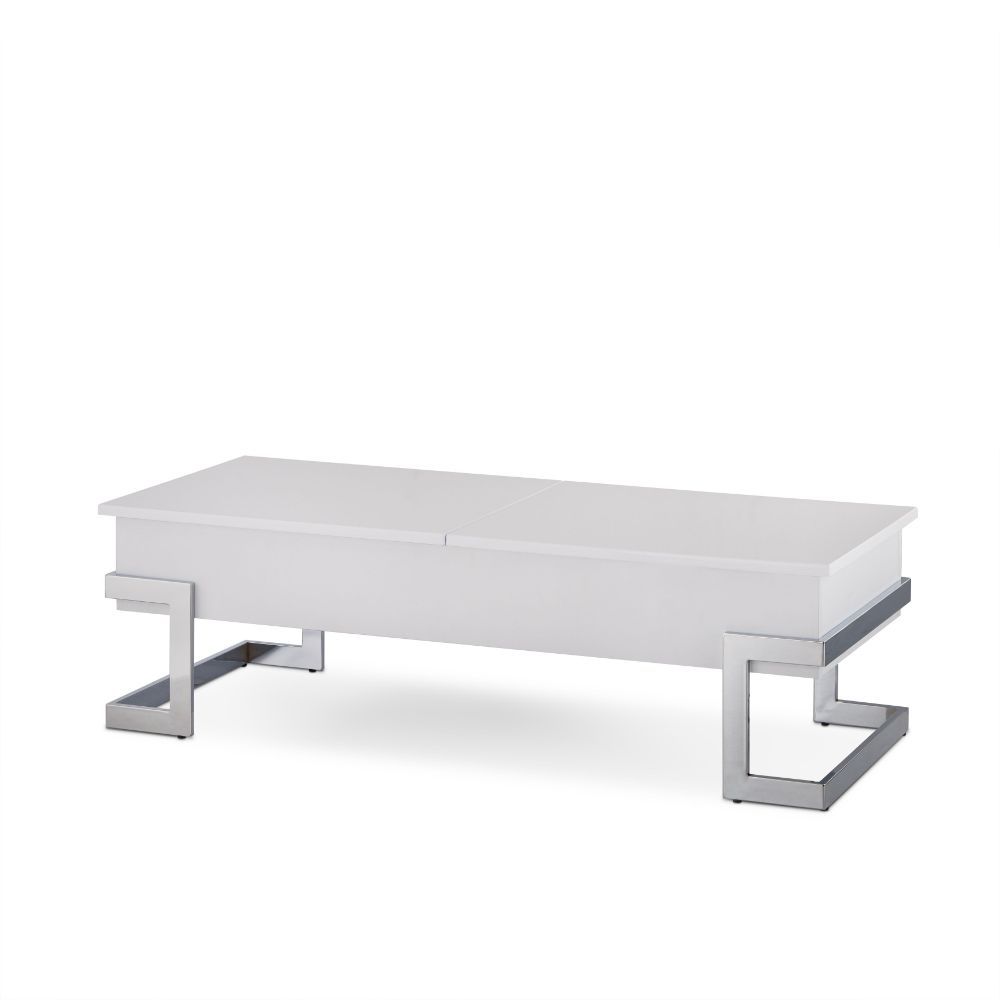 The Calnan coffee table has it all, good looks with its chrome modern legs exposed on the outside of a white box top. Full of surprises, like lift top tray and slide top storage with additional storage under the lift up tray. This table will ensure your l
