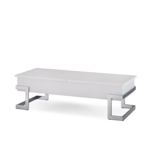 The Calnan coffee table has it all, good looks with its chrome modern legs exposed on the outside of a white box top. Full of surprises, like lift top tray and slide top storage with additional storage under the lift up tray. This table will ensure your l