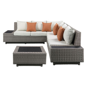 Modern classic styling paired with glamorous elements creates a unique addition to outdoor area in the Salena Collection. Beige fabric features subtle texture with a gray wicker outer body cloth providing visual interest. It comes with accent pillows and 