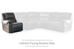 This left-arm facing recliner is made with faux leather upholstery. Pairs with other items in the series to make a sectional.<br><br><b>Additional Dimensions</b><br><ul><li>Seat depth: 22-"</li><li>Seat height: 21-"</li><li>Distance between recliner and w