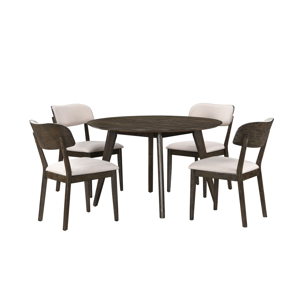 The Rex 5 Piece Mid-Century Modern Wood Dining Set in Walnut Brown is a perfect choice for small space dining. This set includes a round dining table and four chairs, all crafted from solid rubberwood, manufactured woods, and oak veneers, ensuring excepti