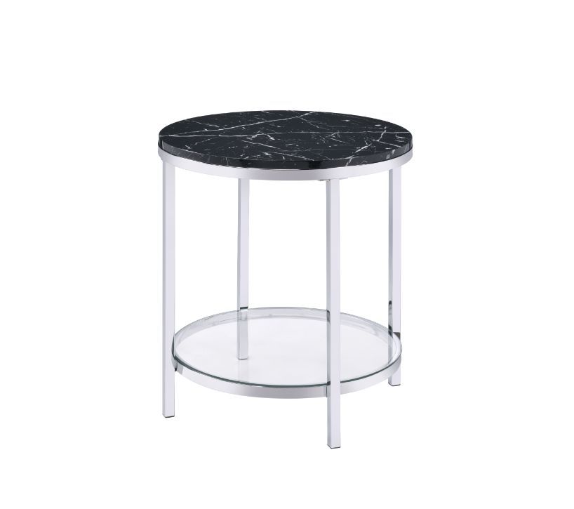 Infuse your small space with big style. The end table combines modern flair with functional design. Table metal frame in a chrome finish exudes lustrous shine, topped with faux black marble that boasts brilliant reflective properties. There is a tempered 