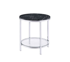 Infuse your small space with big style. The end table combines modern flair with functional design. Table metal frame in a chrome finish exudes lustrous shine, topped with faux black marble that boasts brilliant reflective properties. There is a tempered 