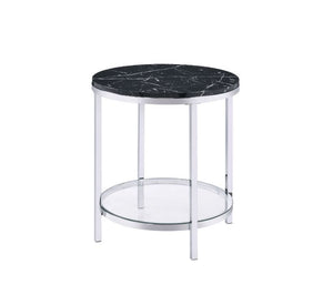 Infuse your small space with big style. The end table combines modern flair with functional design. Table metal frame in a chrome finish exudes lustrous shine, topped with faux black marble that boasts brilliant reflective properties. There is a tempered 