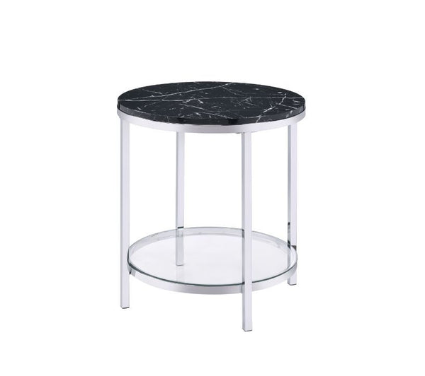 Infuse your small space with big style. The end table combines modern flair with functional design. Table metal frame in a chrome finish exudes lustrous shine, topped with faux black marble that boasts brilliant reflective properties. There is a tempered 