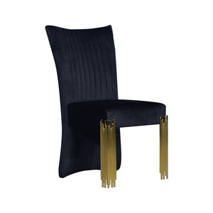 Introducing the Empire Dining Chairs, a luxurious addition to your dining space. Crafted with durable eco-friendly materials and upholstered in 100% midnight black polyester velvet fabric, these chairs enhance the contemporary ambiance of your collection.