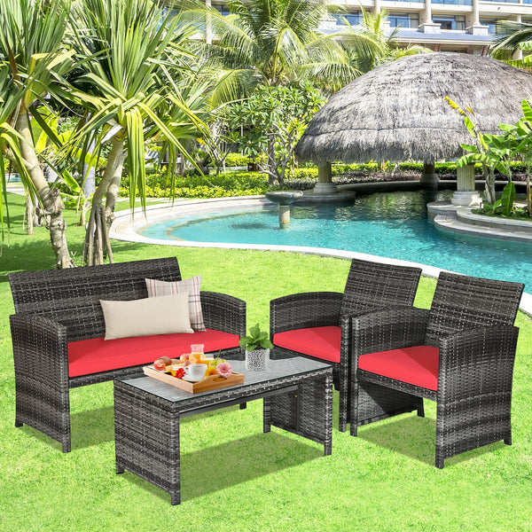 Rattan patio set includes one loveseat  two single chairs and one coffee table. <br>Made of high-quality rattan with strong built-in frame structure <br>Functional and beautiful design perfect for garden  backyard and balcony <br>Rattan coffee table with 