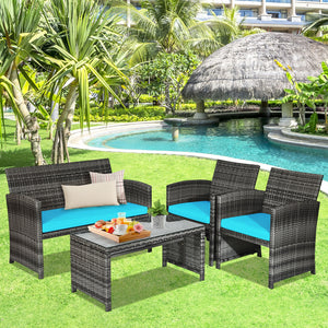Rattan patio set includes one loveseat  two single chairs and one coffee table. <br>Made of high-quality rattan with strong built-in frame structure <br>Functional and beautiful design perfect for garden  backyard and balcony <br>Rattan coffee table with 