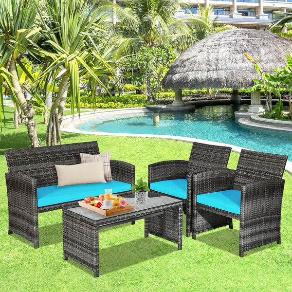 Rattan patio set includes one loveseat  two single chairs and one coffee table. <br>Made of high-quality rattan with strong built-in frame structure <br>Functional and beautiful design perfect for garden  backyard and balcony <br>Rattan coffee table with 