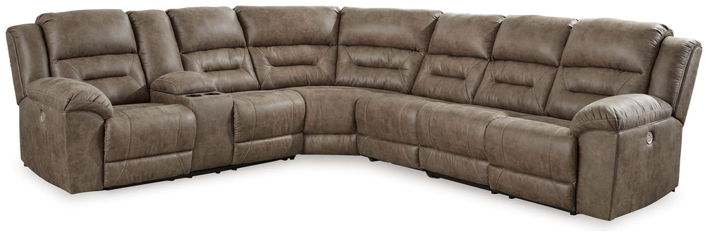 This power reclining sectional is designed exclusively for those who are serious about R&R. Its overstuffed cushions and pillow top arms feel oh-so-plush, and the faux leather upholstery accented with jumbo stitching is silky soft. Go from upright to recl