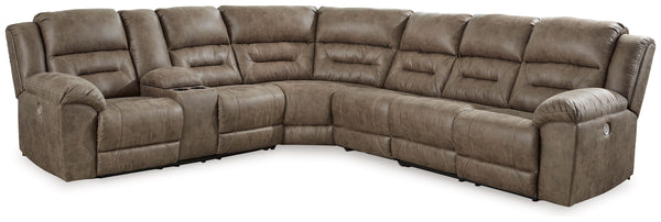 This power reclining sectional is designed exclusively for those who are serious about R&R. Its overstuffed cushions and pillow top arms feel oh-so-plush, and the faux leather upholstery accented with jumbo stitching is silky soft. Go from upright to recl