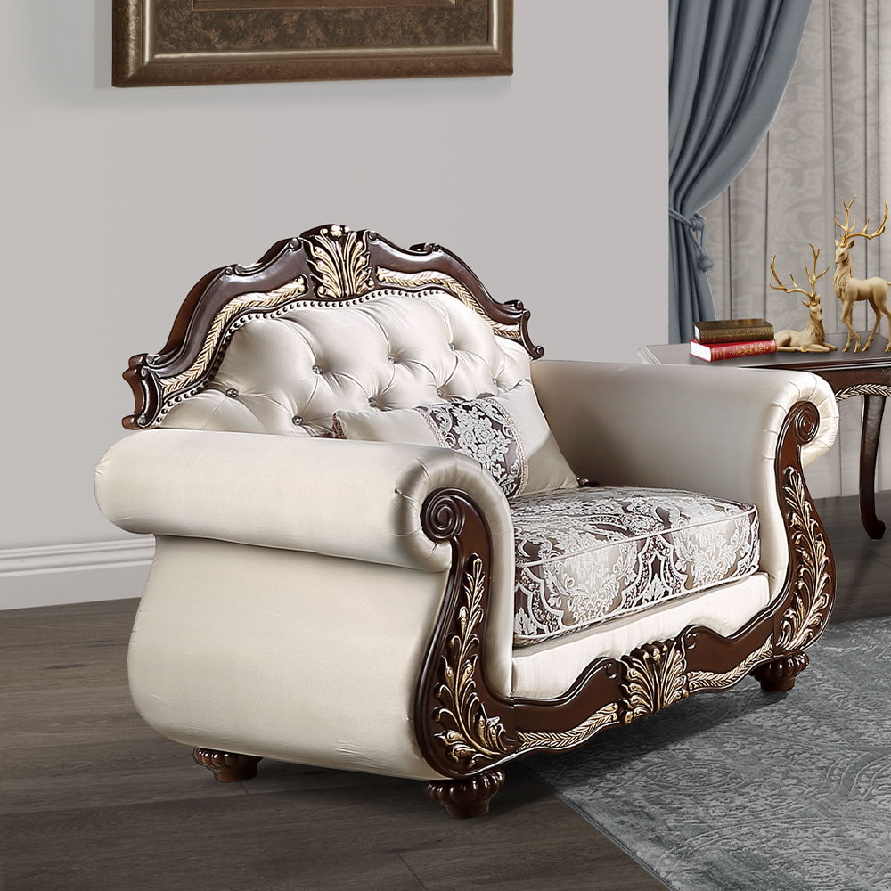 Pierce collection sofa set brings timeless elegance to your living space with its beige fabric and cherry finish. The set includes tight back and loose seat cushions with pocket coil construction for ultimate comfort. A wooden inner frame ensures durabili