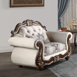 Pierce collection sofa set brings timeless elegance to your living space with its beige fabric and cherry finish. The set includes tight back and loose seat cushions with pocket coil construction for ultimate comfort. A wooden inner frame ensures durabili