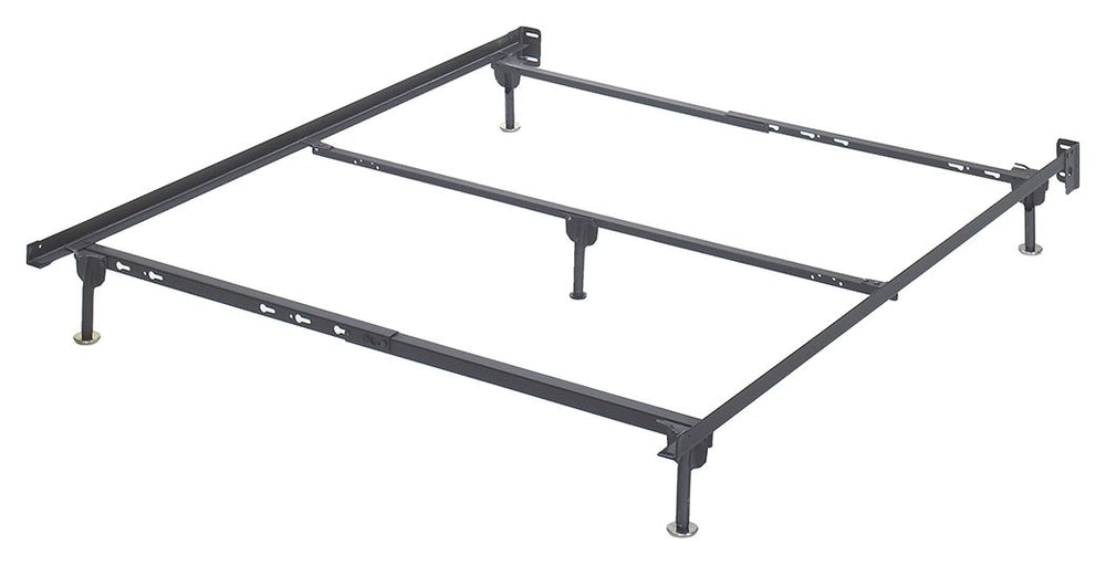 Sturdy metal bed frame supports queen mattresses and box springs. Bolts connect frame to most headboards.<br/><br/><b>Product Features</b><ul><li>Assembly required</li><li>Made of metal</li><li>Protective floor glides</li><li>Attaches to most queen headbo