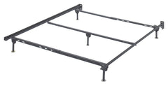 Sturdy metal bed frame supports queen mattresses and box springs. Bolts connect frame to most headboards.<br/><br/><b>Product Features</b><ul><li>Assembly required</li><li>Made of metal</li><li>Protective floor glides</li><li>Attaches to most queen headbo