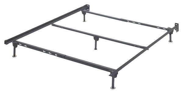 Sturdy metal bed frame supports queen mattresses and box springs. Bolts connect frame to most headboards.<br/><br/><b>Product Features</b><ul><li>Assembly required</li><li>Made of metal</li><li>Protective floor glides</li><li>Attaches to most queen headbo