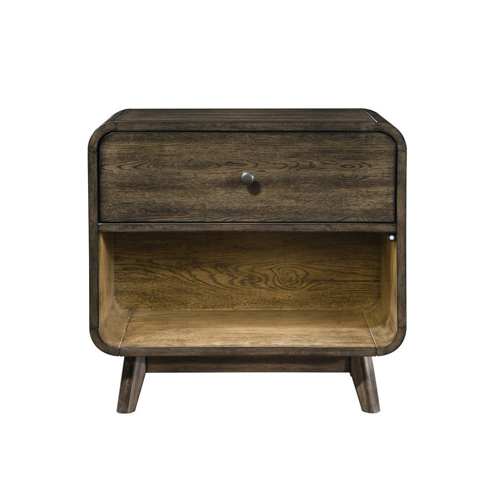 The Rex One Drawer Lighted Nightstand in Walnut Brown offers both style and functionality for your bedroom. Crafted from solid rubberwood, manufactured woods, and oak veneers, this nightstand is built for durability and longevity. Its classic mid-century 