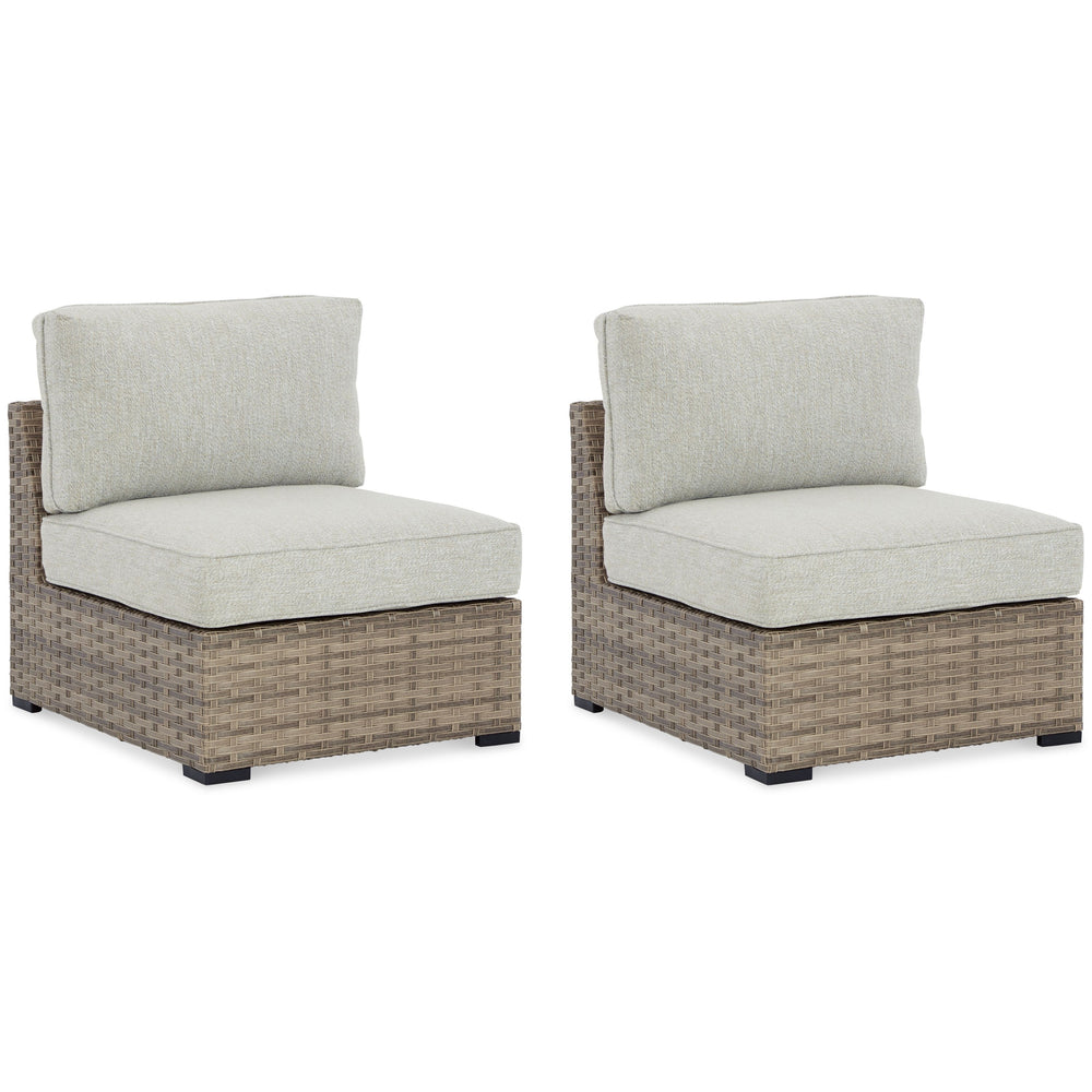This cool, casual outdoor chair will raise the comfort level and visual appeal of your outdoor living space. Made of handwoven wicker in easy-going beige tones, the cushioned armless chair blends beautifully into your lanai or pool and patio area with thi