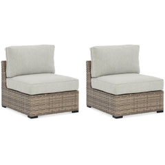 This cool, casual outdoor chair will raise the comfort level and visual appeal of your outdoor living space. Made of handwoven wicker in easy-going beige tones, the cushioned armless chair blends beautifully into your lanai or pool and patio area with thi