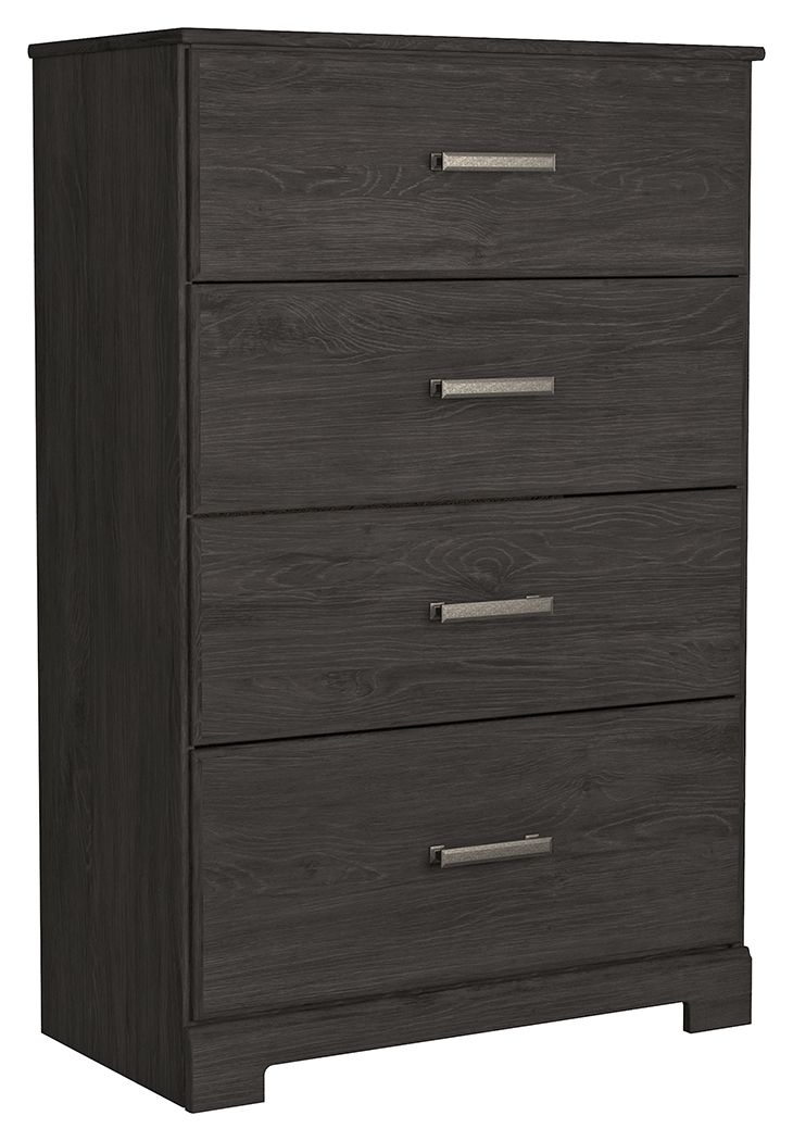 With its clean-lined look and modern attitude, this chest of drawers is a fresh style awakening. A warm charcoal hue over replicated oak grain easily complements other furniture finishes. Smooth drawer fronts with antiqued pewter-tone handles complete the
