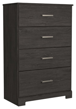 With its clean-lined look and modern attitude, this chest of drawers is a fresh style awakening. A warm charcoal hue over replicated oak grain easily complements other furniture finishes. Smooth drawer fronts with antiqued pewter-tone handles complete the
