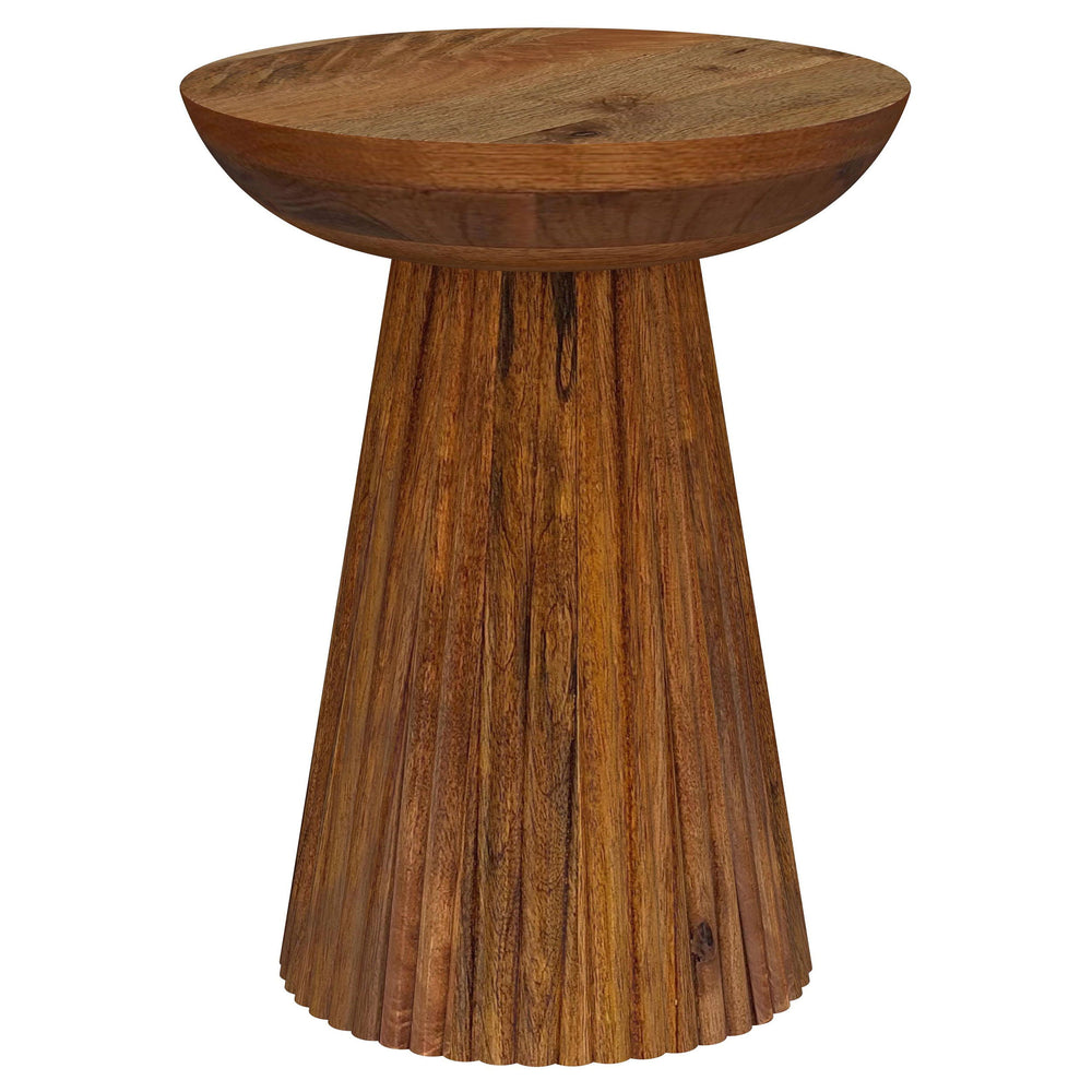 Fall in love with the incredible detail and depth of a modern wood side table. This gorgeous table features mango wood with a bowl top and pedestal base to create a chic, refined silhouette. It-'s adorned with scallop details on its conical pedestal, offe