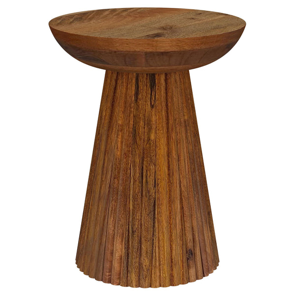 Fall in love with the incredible detail and depth of a modern wood side table. This gorgeous table features mango wood with a bowl top and pedestal base to create a chic, refined silhouette. It-'s adorned with scallop details on its conical pedestal, offe