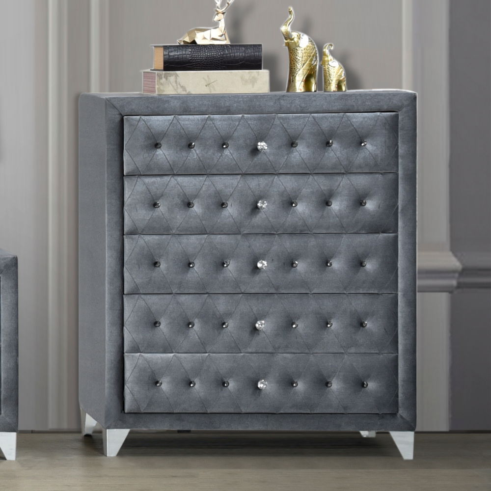 5 Drw Drawer: Velvet Padded Fronts, GLIDE Side Metal (2/3 Ext.), DOVETAIL English Front & Back, NOT FELT-LINED, Safety Stop, Manual Close, Hardware: Single Pull Crystal-Like Knob (Plastic, Removable) CONSTRUCTION: Fully Padded Case Wooden Inner Frame: Woo