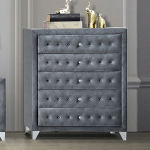 5 Drw Drawer: Velvet Padded Fronts, GLIDE Side Metal (2/3 Ext.), DOVETAIL English Front & Back, NOT FELT-LINED, Safety Stop, Manual Close, Hardware: Single Pull Crystal-Like Knob (Plastic, Removable) CONSTRUCTION: Fully Padded Case Wooden Inner Frame: Woo