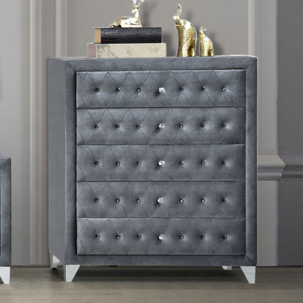 5 Drw Drawer: Velvet Padded Fronts, GLIDE Side Metal (2/3 Ext.), DOVETAIL English Front & Back, NOT FELT-LINED, Safety Stop, Manual Close, Hardware: Single Pull Crystal-Like Knob (Plastic, Removable) CONSTRUCTION: Fully Padded Case Wooden Inner Frame: Woo