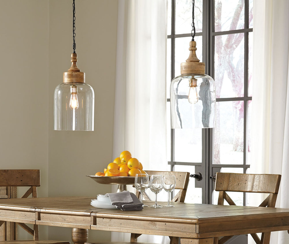 The mixed materials of this pendant light are right in line with the times. A turned natural wood finial crowns the alluring half-dome glass shade.<br><br><b>Additional Dimensions</b><br><ul><li>Cord length: 77-"</li><li>Shade: 0-"</li></ul><br/><br/><b>P