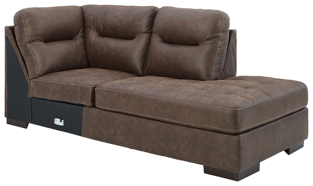 This right-arm facing corner chaise is made with faux leather upholstery. Pairs with other items in the series to make a sectional.<br><br><b>Additional Dimensions</b><br><ul><li>Arm height: 25-"</li><li>Seat depth: 69-"</li><li>Seat height: 19-"</li><li>