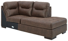 This right-arm facing corner chaise is made with faux leather upholstery. Pairs with other items in the series to make a sectional.<br><br><b>Additional Dimensions</b><br><ul><li>Arm height: 25-"</li><li>Seat depth: 69-"</li><li>Seat height: 19-"</li><li>