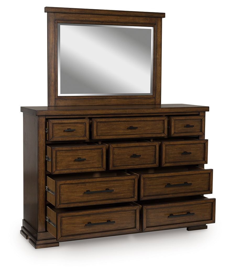 Style, simplicity and charm are hallmarks of this dresser with mirror. Created with casual spaces in mind, it has the versatility to suit styles from craftsman to modern farmhouse. The rich brown finish aligns with your refined-meets-relaxed approach to e