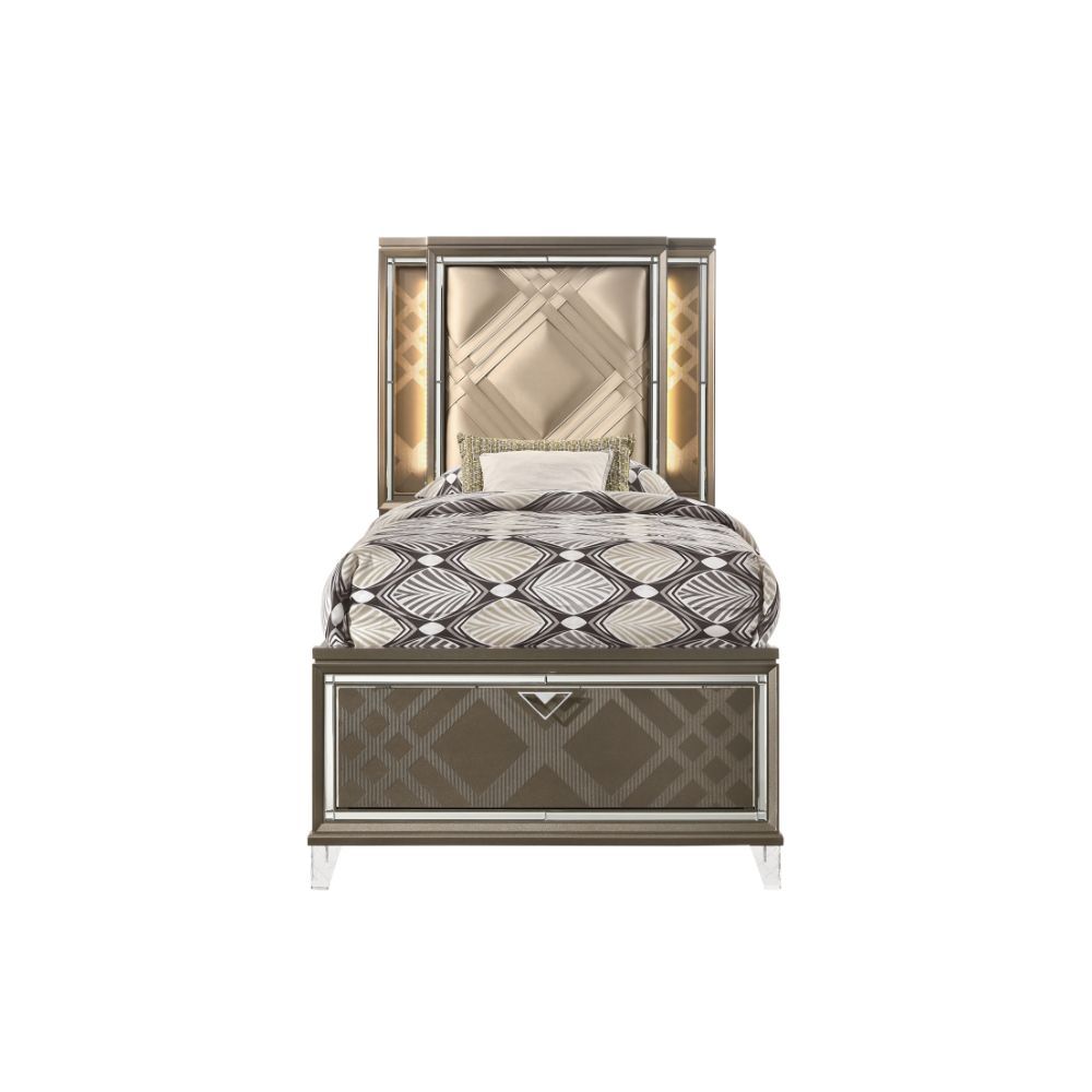 The Skylar collection immerses you in enduring glam and sophistication. Delight yourself in the features the stunning bed offers. Including champagne leatherette geometric padded headboards with touch function led lighting and matching wood frame embossed