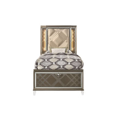 The Skylar collection immerses you in enduring glam and sophistication. Delight yourself in the features the stunning bed offers. Including champagne leatherette geometric padded headboards with touch function led lighting and matching wood frame embossed