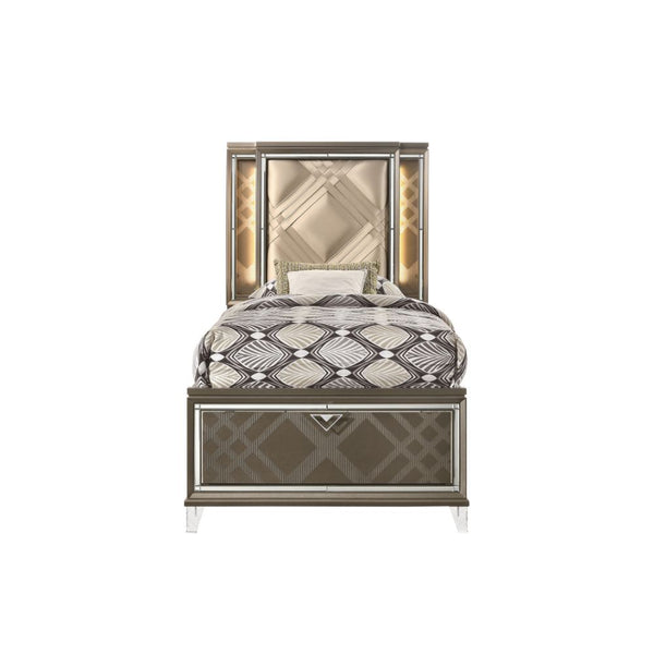 The Skylar collection immerses you in enduring glam and sophistication. Delight yourself in the features the stunning bed offers. Including champagne leatherette geometric padded headboards with touch function led lighting and matching wood frame embossed