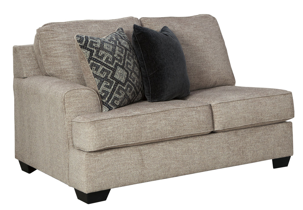 This left-arm facing loveseat is made with textured polyester chenille upholstery. Pairs with other items in the series to make a sectional.<br><br><b>Additional Dimensions</b><br><ul><li>Arm height: 26-"</li><li>Leg height: 3-"</li><li>Minimum width of d