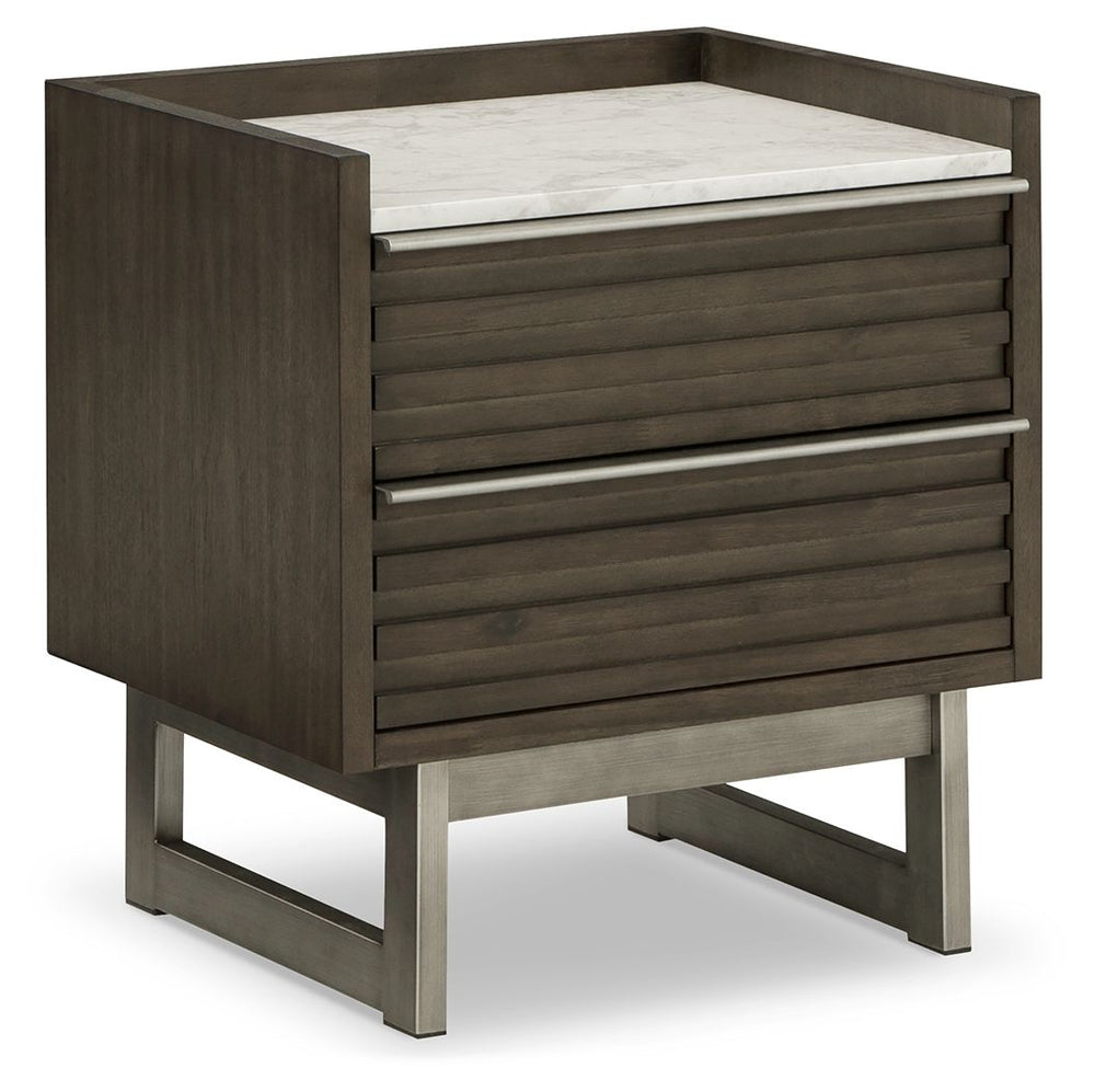 Clean lines lend sophistication and structure to this nightstand. Its complex rich grayish brown finish contrasts perfectly with a white marble top, while the streamlined silhouette features overlay slats to create visual interest. A metal base and bar pu