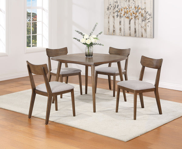 Bring mid-century charm to your dining space with this elegantly designed dining group, perfect for casual meals and stylish gatherings. The sleek, compact table features a warm woodgrain finish and softly rounded edges, creating a timeless look that blen