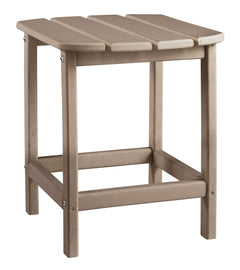 Add cottage-quaint charm to your outdoor oasis with this outdoor end table in a driftwood finish. Made of MEGA-TUFFÂ® high-density polyethylene material, itâ€™s sure to weather the seasons beautifully. Designed to shed rainwater, the tableâ€™s slatted top
