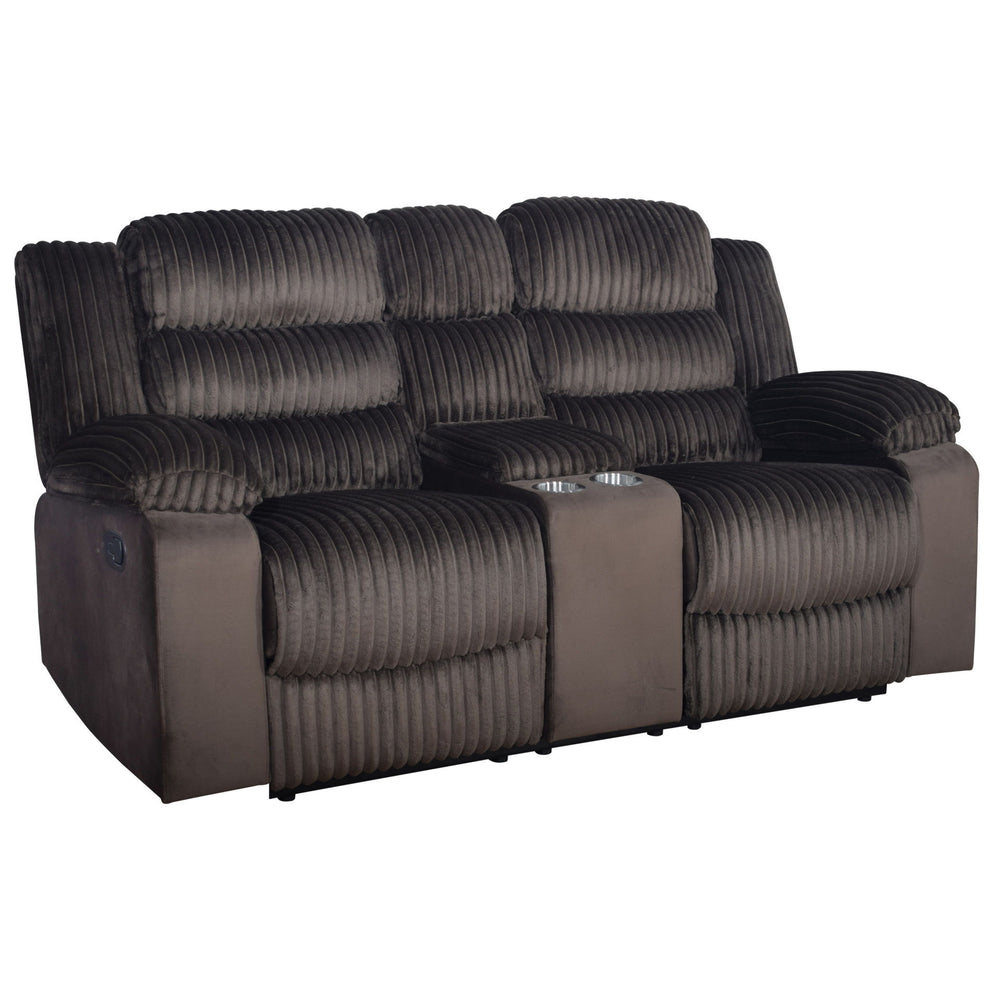 The Willow Dual Reclining Console Loveseat offers sturdy hardwood and plywood frames with durable motion mechanisms for long-lasting comfort. Wrapped in ultra-soft chocolate brown 100% polyester fabric with plush ribbed upholstery. Supportive springs and 